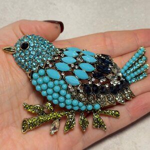 Bird Brooch Turquoise Rhinestone Statement Pin – 4.25”